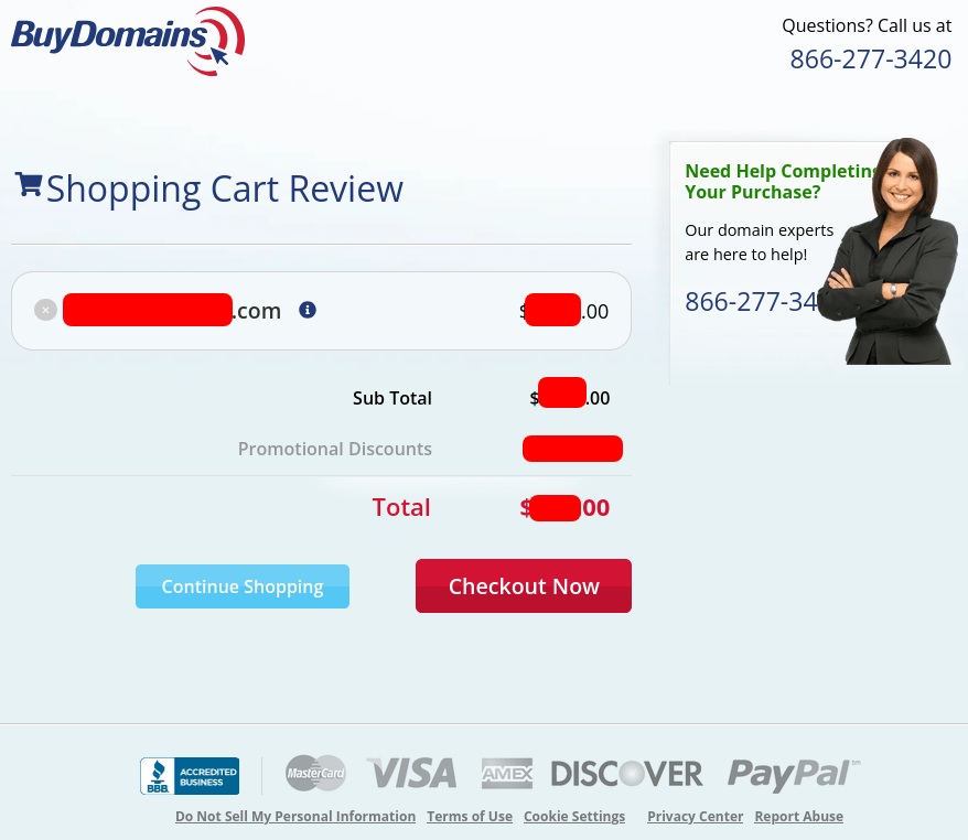 BuyDomains.com cart page with domain discount applied
