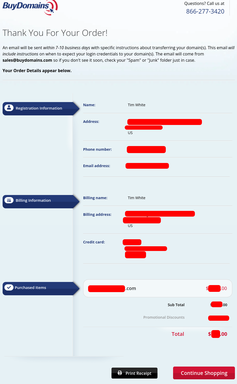 BuyDomains.com checkout complete confirmation page