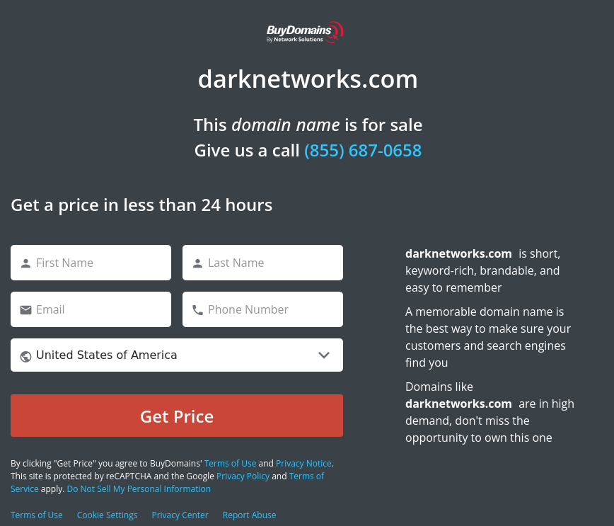 DarkNetworks.com landing page on BuyDomains.com