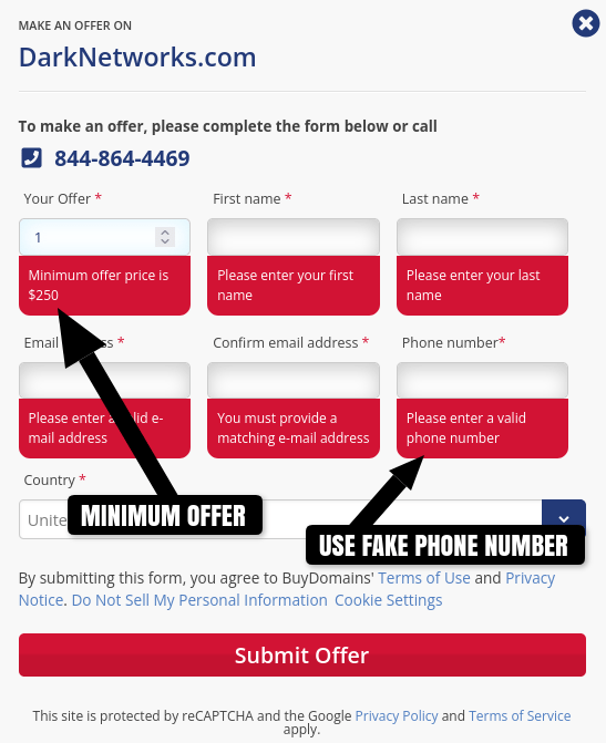 BuyDomains.com Make Offer Form