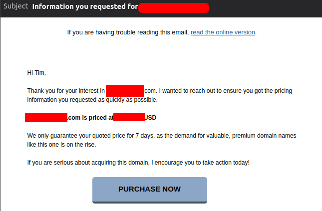 BuyDomains.com initial email for price request and negotiation