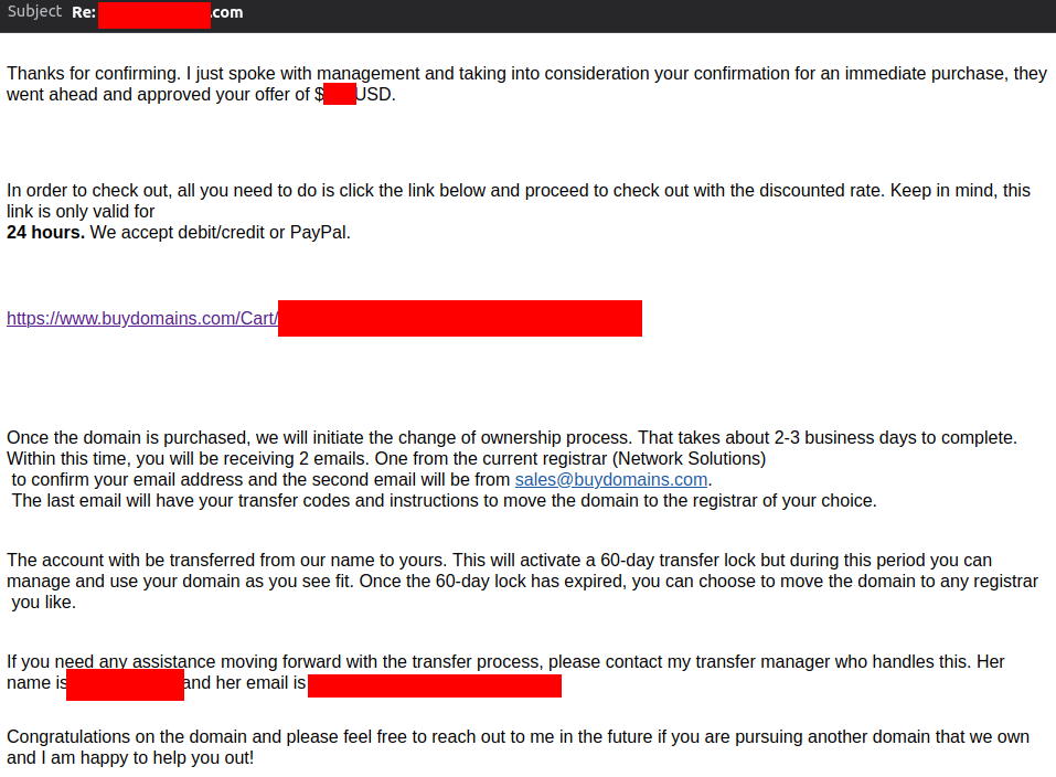 BuyDomains.com email with payment checkout link