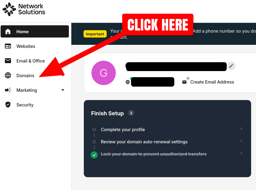 NetworkSolutions.com account home page navigation menu