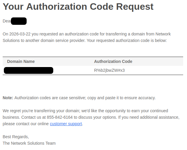 NetworkSolutions.com auth code email for domain transfer