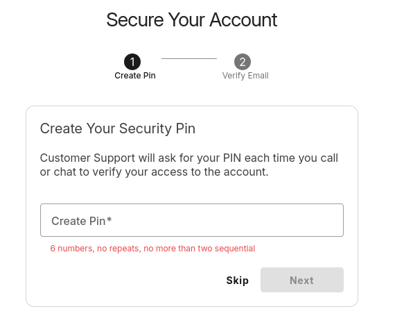 NetworkSolutions.com create PIN page