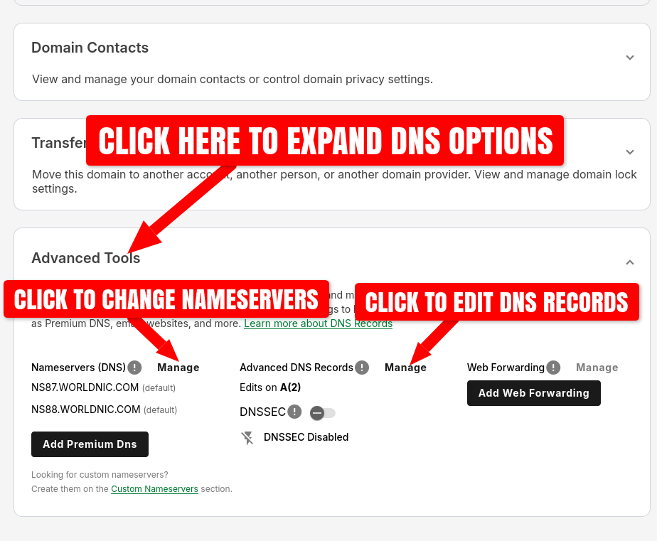 NetworkSolutions.com domain management page with DNS options