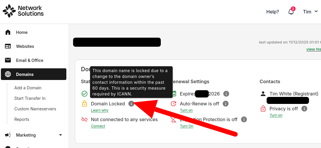 NetworkSolutions.com domain management page with a transfer locked domain