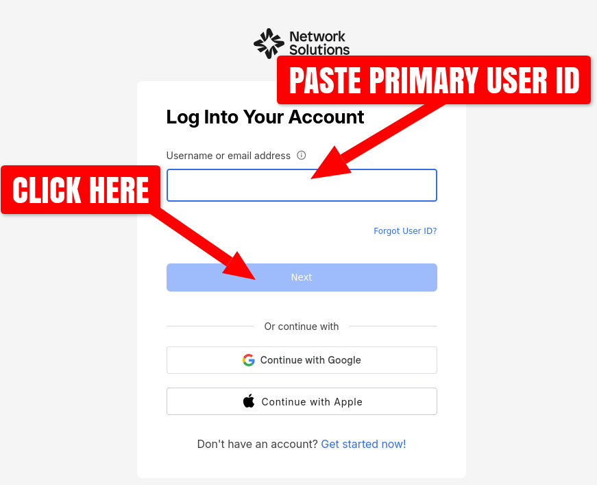 NetworkSolutions.com screenshot of log in page for new accounts