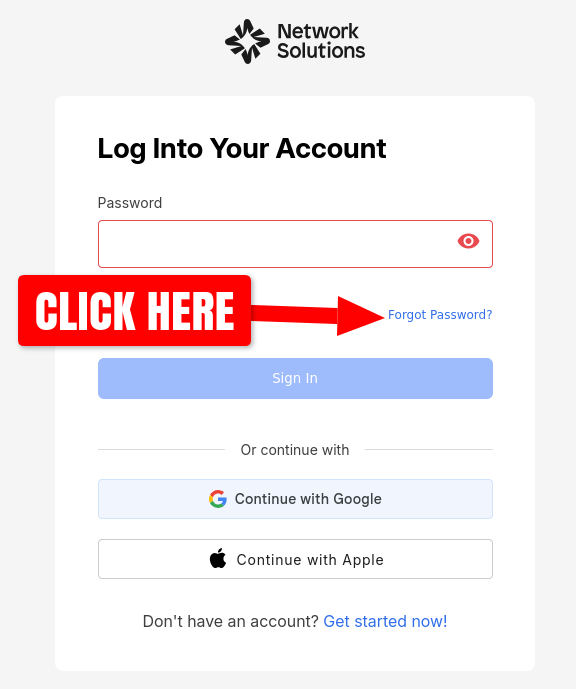 NetworkSolutions.com screenshot of passowrd page for new accounts