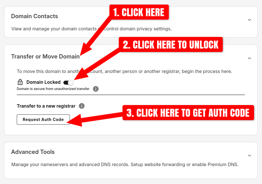 NetworkSolutions.com unlock domain and request auth code on the domain management page