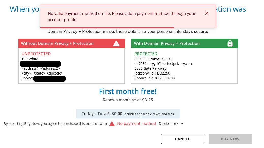 NetworkSolutions.com WHOIS privacy upsell