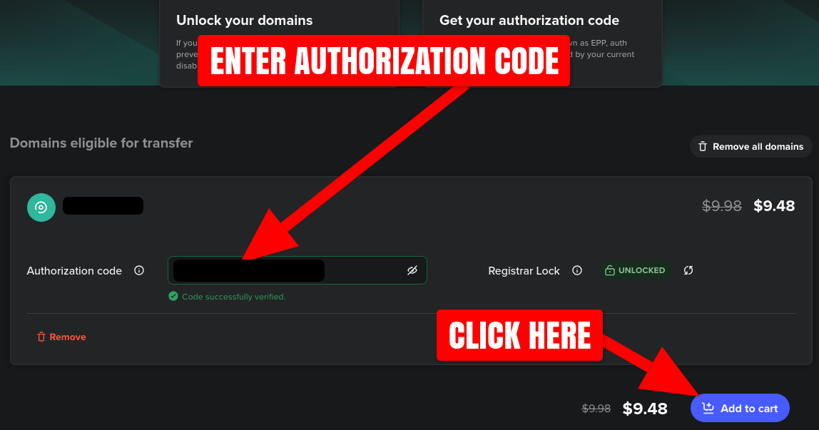 Spaceship.com transfer domain enter authorization code screenshot