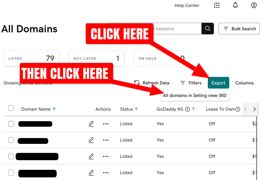 Screenshot of exporting all domains from the afternic.com domain management web page