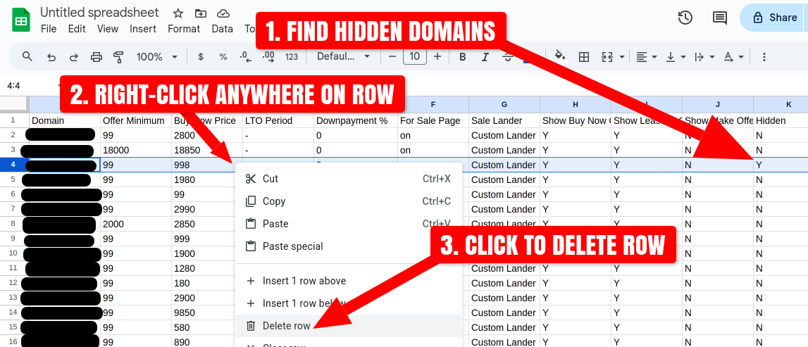 Screenshot of removing Hidden domains from an Afternic export CSV in Google Sheets