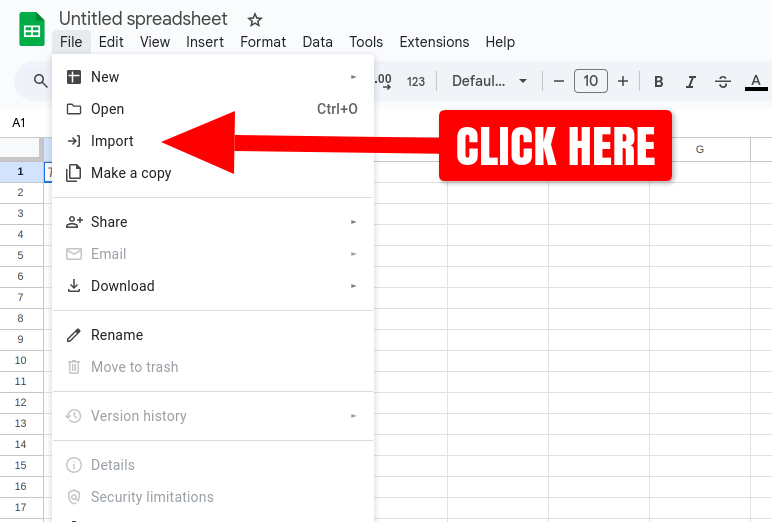 Screenshot of choosing Import action in a new Blank spreadsheet in Google Sheets