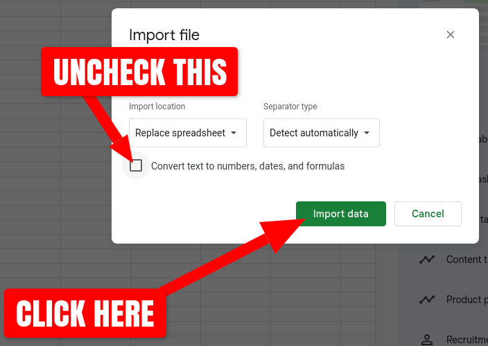 Screenshot of choosing how to import the data of an uploaded file into Google Sheets