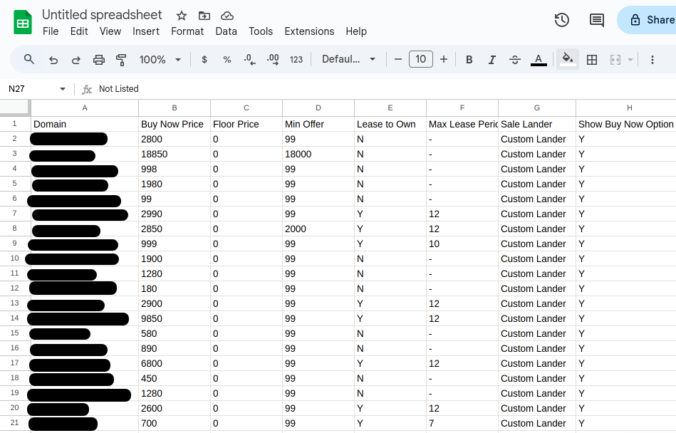 Screenshot of an Afternic export CSV imported into Google Sheets