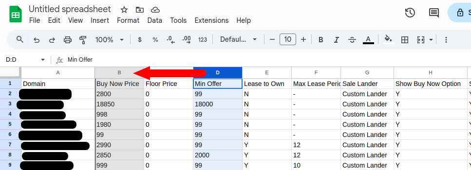 Screenshot of an Afternic export CSV moving column d to column b position in Google Sheets
