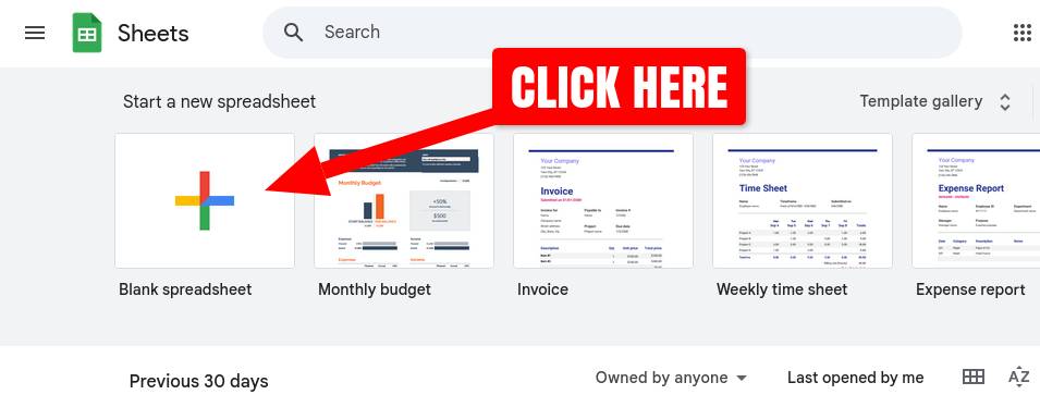 Screenshot of starting a new Blank spreadsheet in Google Sheets