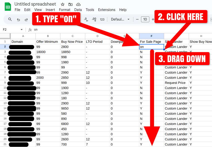 Screenshot of populating the For Sale Page column of a domain name spreadsheet for SellerHub import using Google Sheets