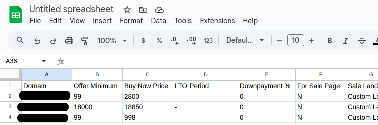 Screenshot of renamed columns of an Afternic domain export CSV to match the SellerHub column names in Google Sheets