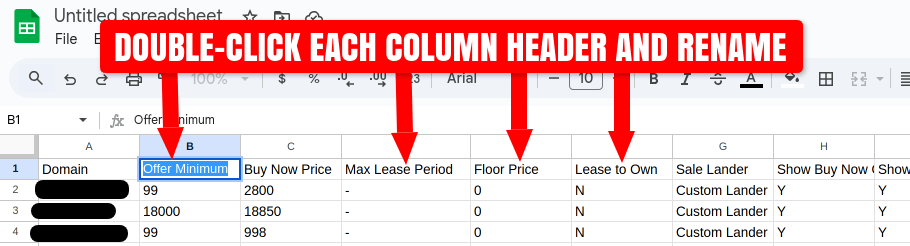 Screenshot of renaming the columns of an Afternic domain export CSV to match the SellerHub column names in Google Sheets