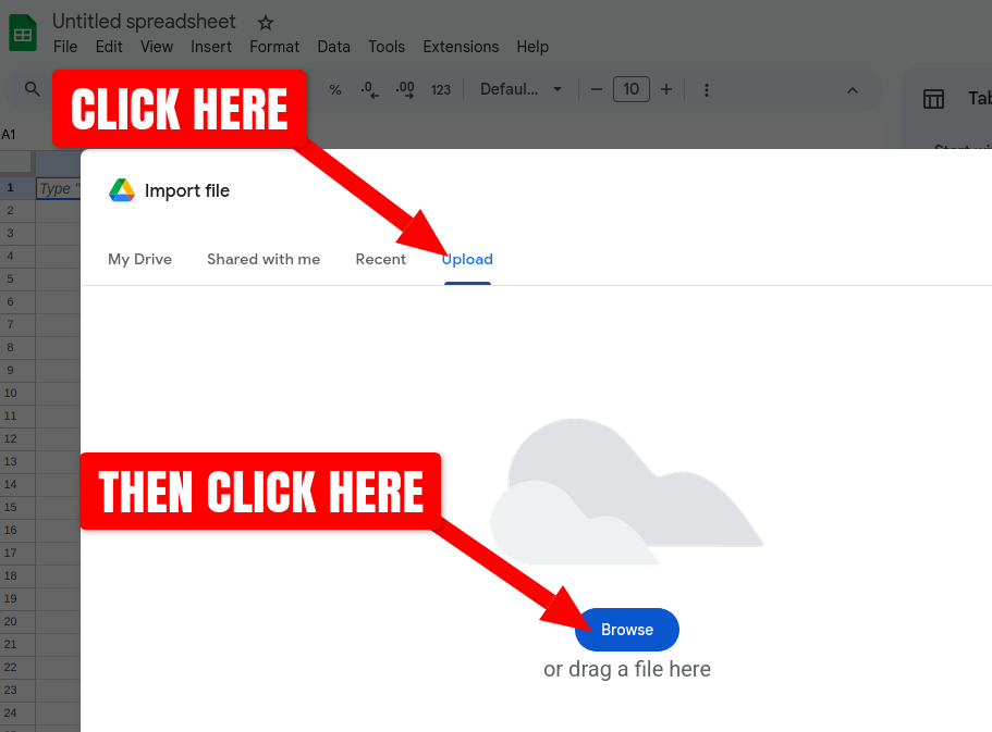 Screenshot of choosing Upload action in a new Blank spreadsheet in Google Sheets