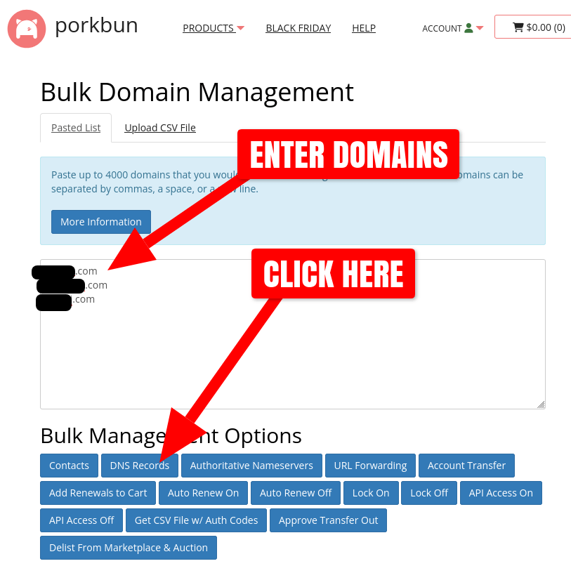 Screenshot of Porkbun bulk domain management