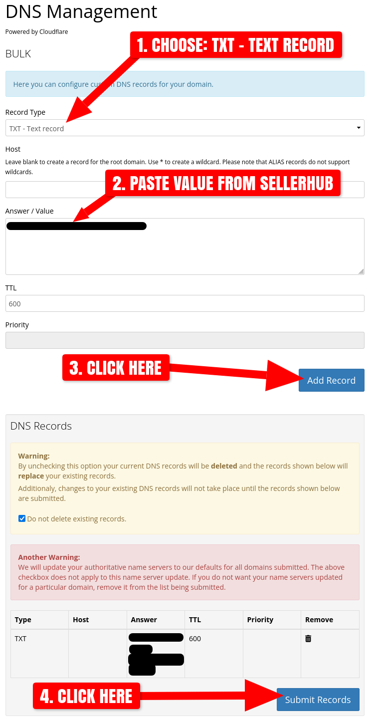 Screenshot of Porkbun bulk domain management adding a TXT DNS record