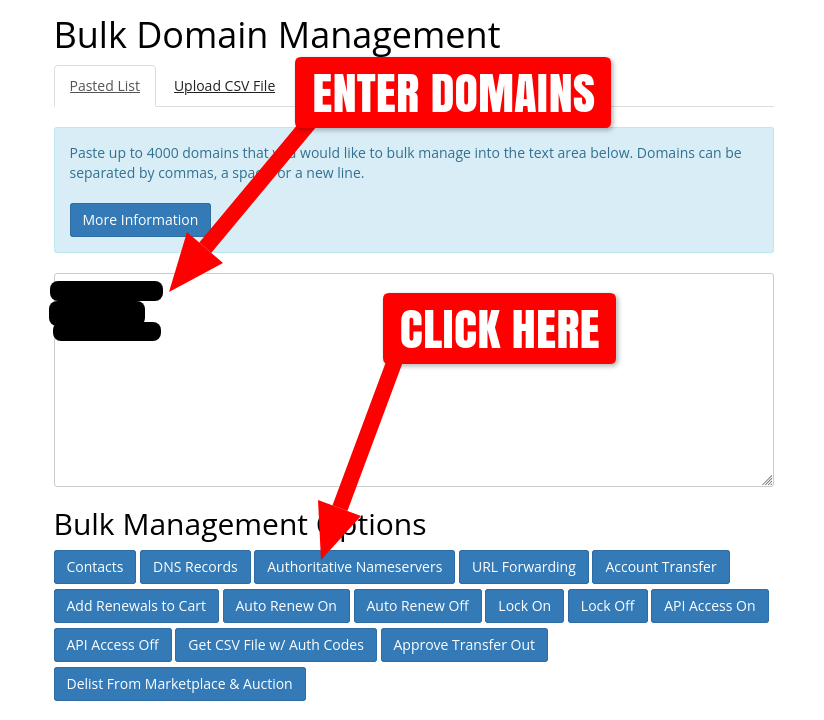 Screenshot of Porkbun bulk nameservers management