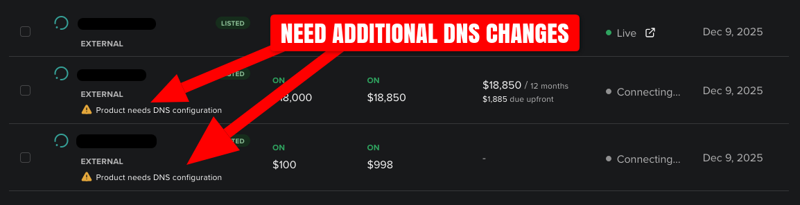 Screenshot of domain names needing additional DNS changes to have For Sale Pages shown in Spaceship.com SellerHub