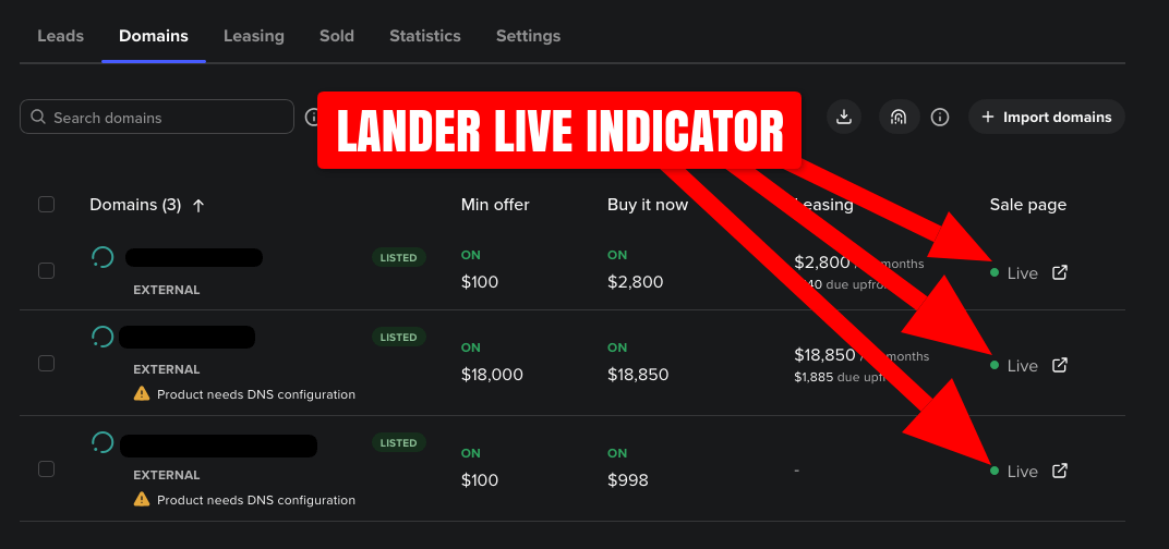 Screenshot of connected domain names For Sale Pages shown in Spaceship.com SellerHub