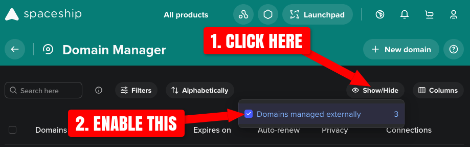 Screenshot of Spaceship.com SellerHub domain manager enabling domains managed externally