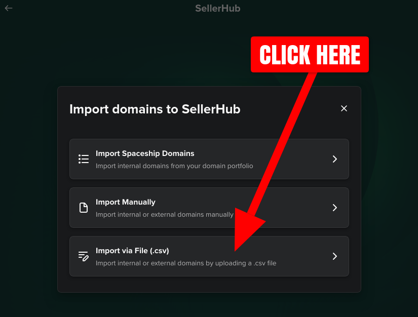 Screenshot of selecting 'Import via File (.csv)' to SellerHub on Spaceship.com