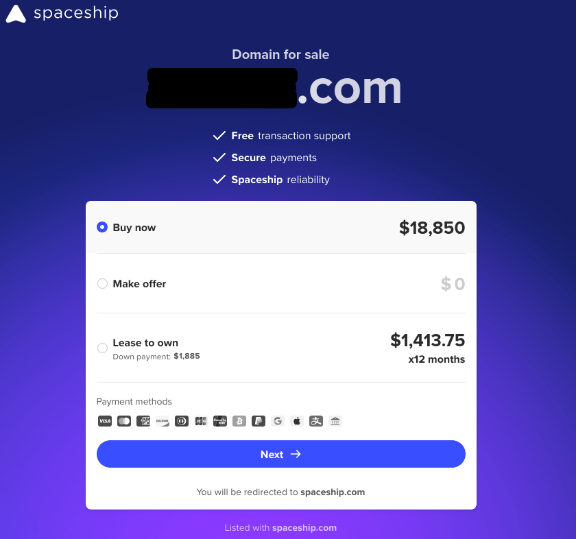 Screenshot of Spaceship.com SellerHub domain lander advertising a domain name for sale