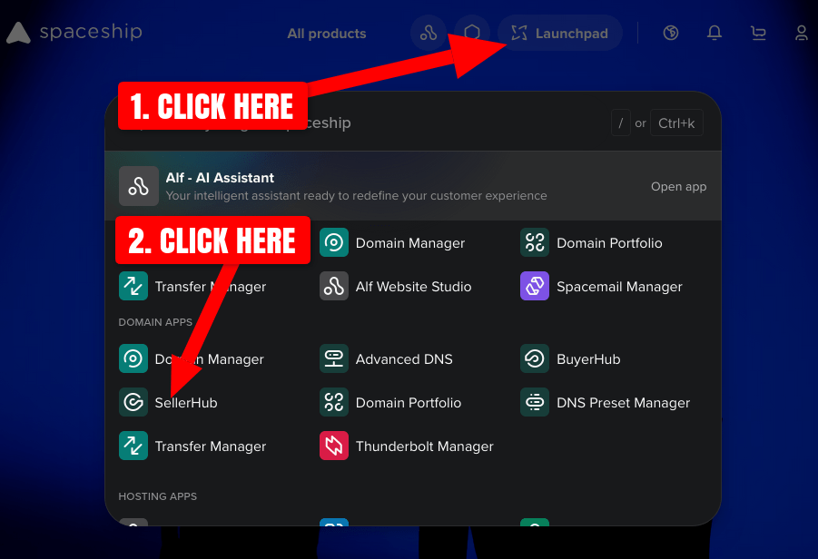 Screenshot of navigating to SellerHub using the Spaceship.com menu