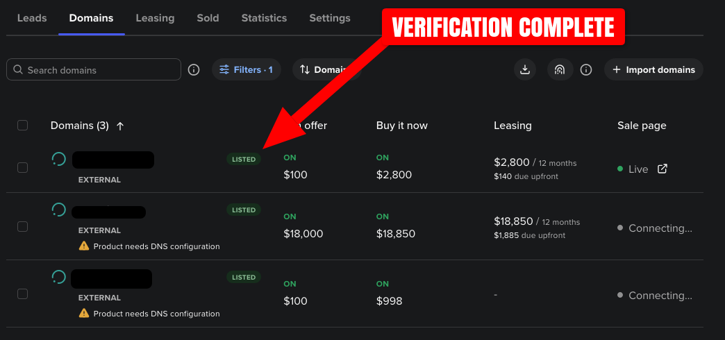 Screenshot of Spaceship SellerHub verified domains