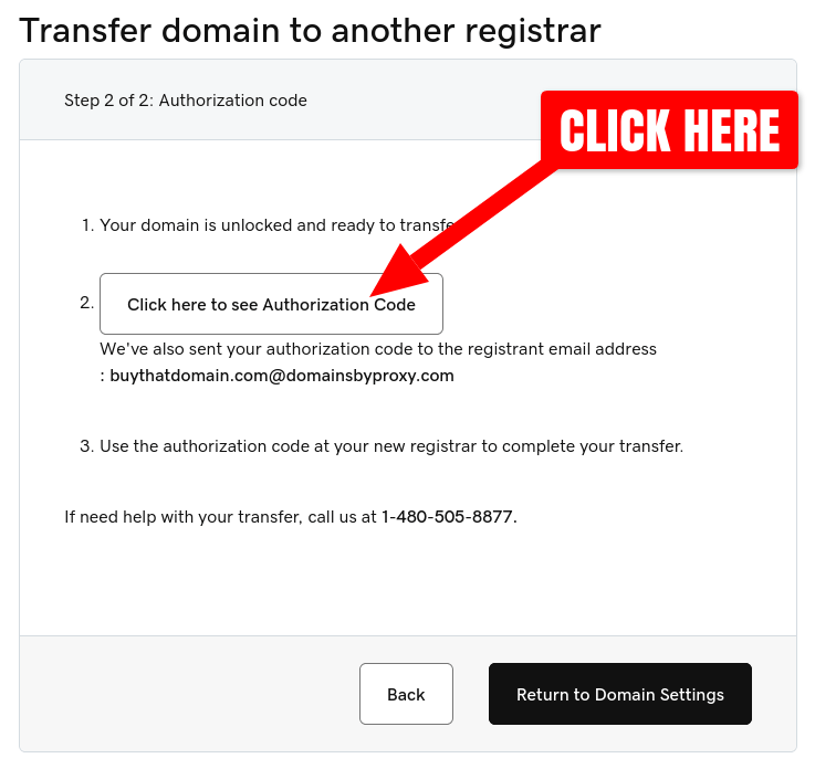 GoDaddy domain transfer authorization code display page with arrow indicating where to click to display the code