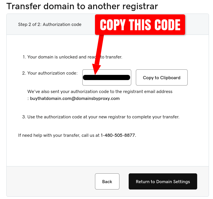 GoDaddy domain transfer authorization code display page