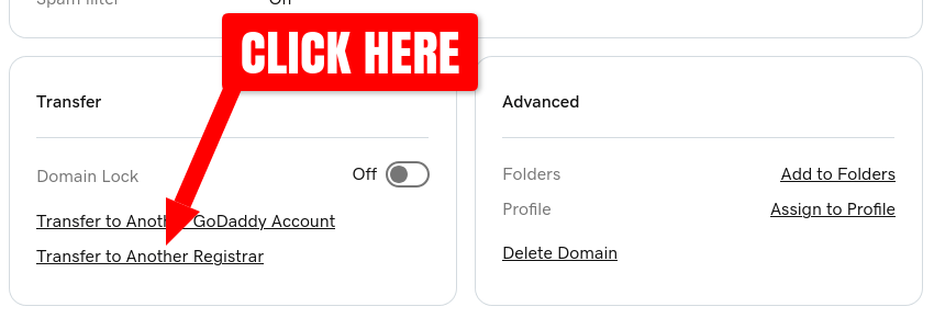 GoDaddy Domain Settings page with arrow indicating where to click to transfer the domain to another registrar