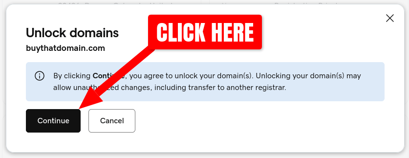 GoDaddy Domain Settings page Domain Lock confirmation dialog