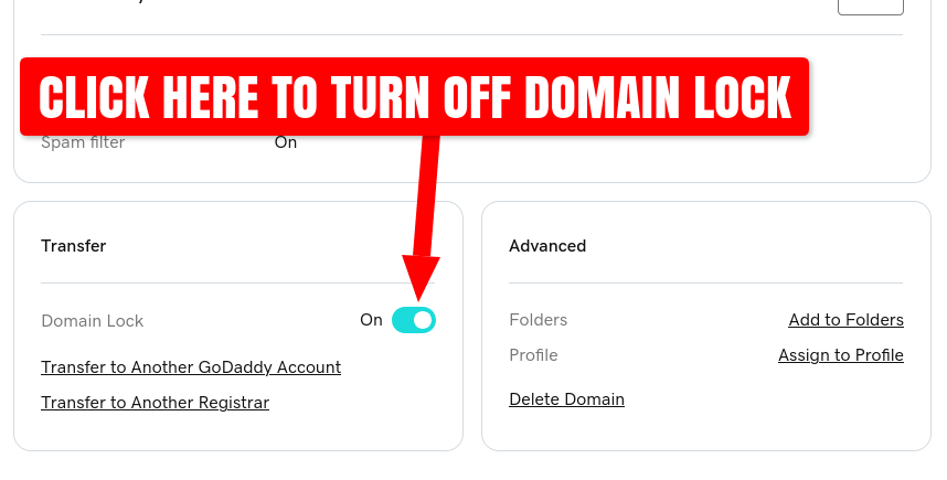 GoDaddy Domain Settings page with arrow indicating where to click to turn off Domain Lock