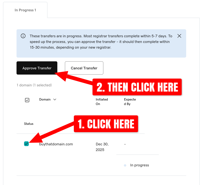 Screenshot of GoDaddy domain transfers page with arrow indicating where to click to approve a domain transfer out