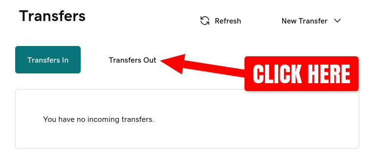 Screenshot of GoDaddy domain transfers page with arrow indicating where to click for domain transfers out
