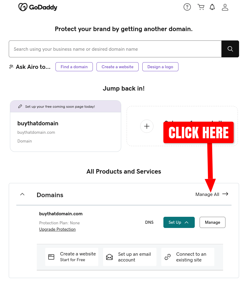 GoDaddy link to Domain Portfolio shown on initial Products page after logging in