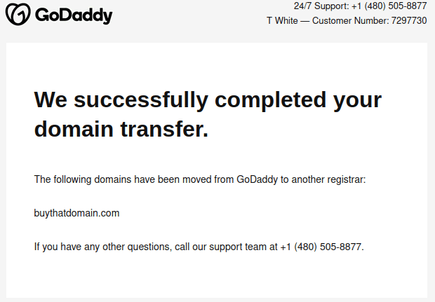 Screenshot of GoDaddy domain transfer successful notification email