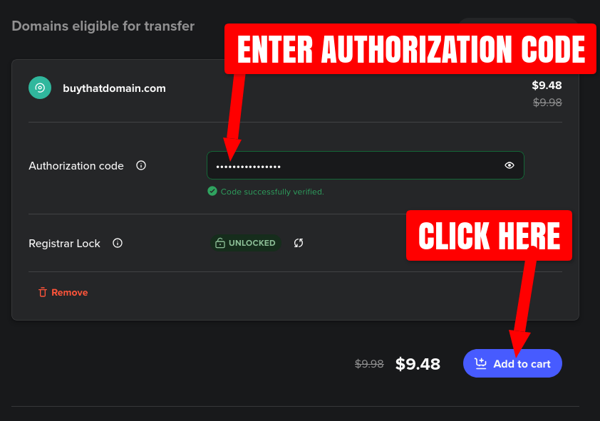 Spaceship.com transfer domain enter authorization code screenshot