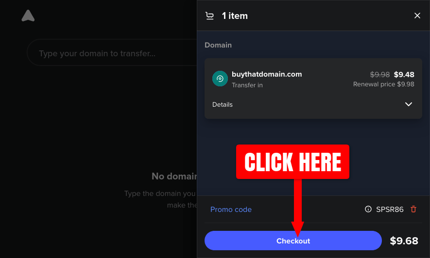 Spaceship.com transfer domain cart page screenshot