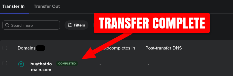 Screenshot of Spaceship domain transfer manager with arrow showing a completed domain transfer