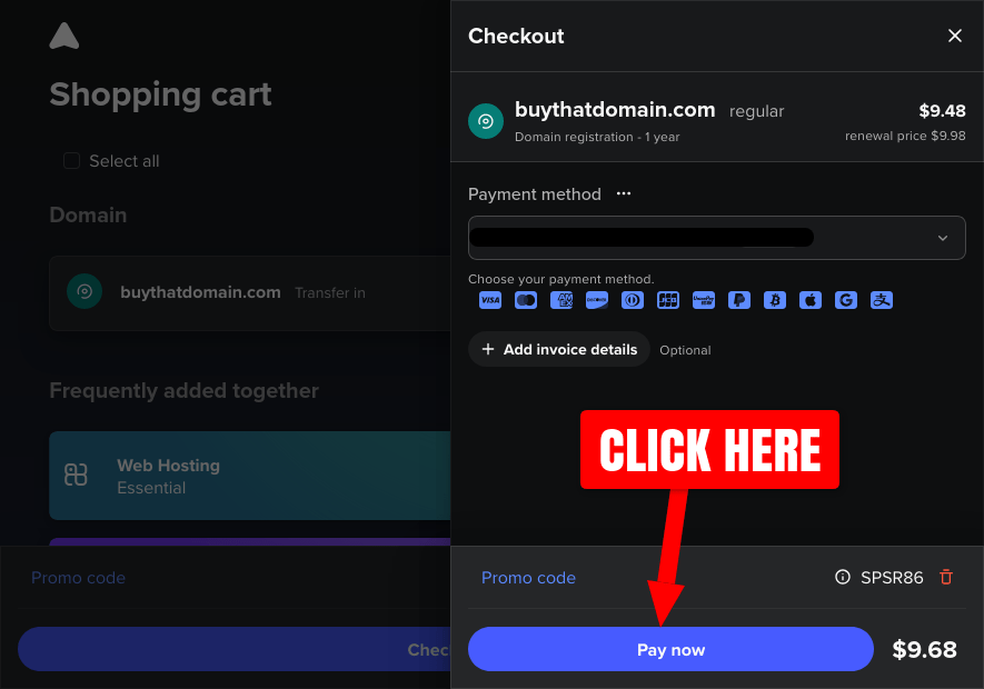Spaceship.com transfer domain checkout page screenshot